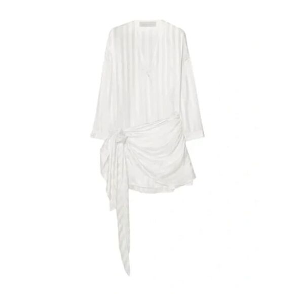 Michelle Mason Womens Size 4 Ivory Crepe Silk Satin Stripe Mini Wrap Shirt Dress - Picture 5 of 15